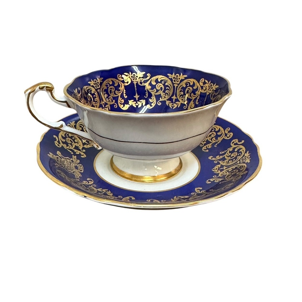 Paragon Teacup and Saucer Set Gold Blue Flower Dogwood 1958 Centennial - Picture 4 of 11